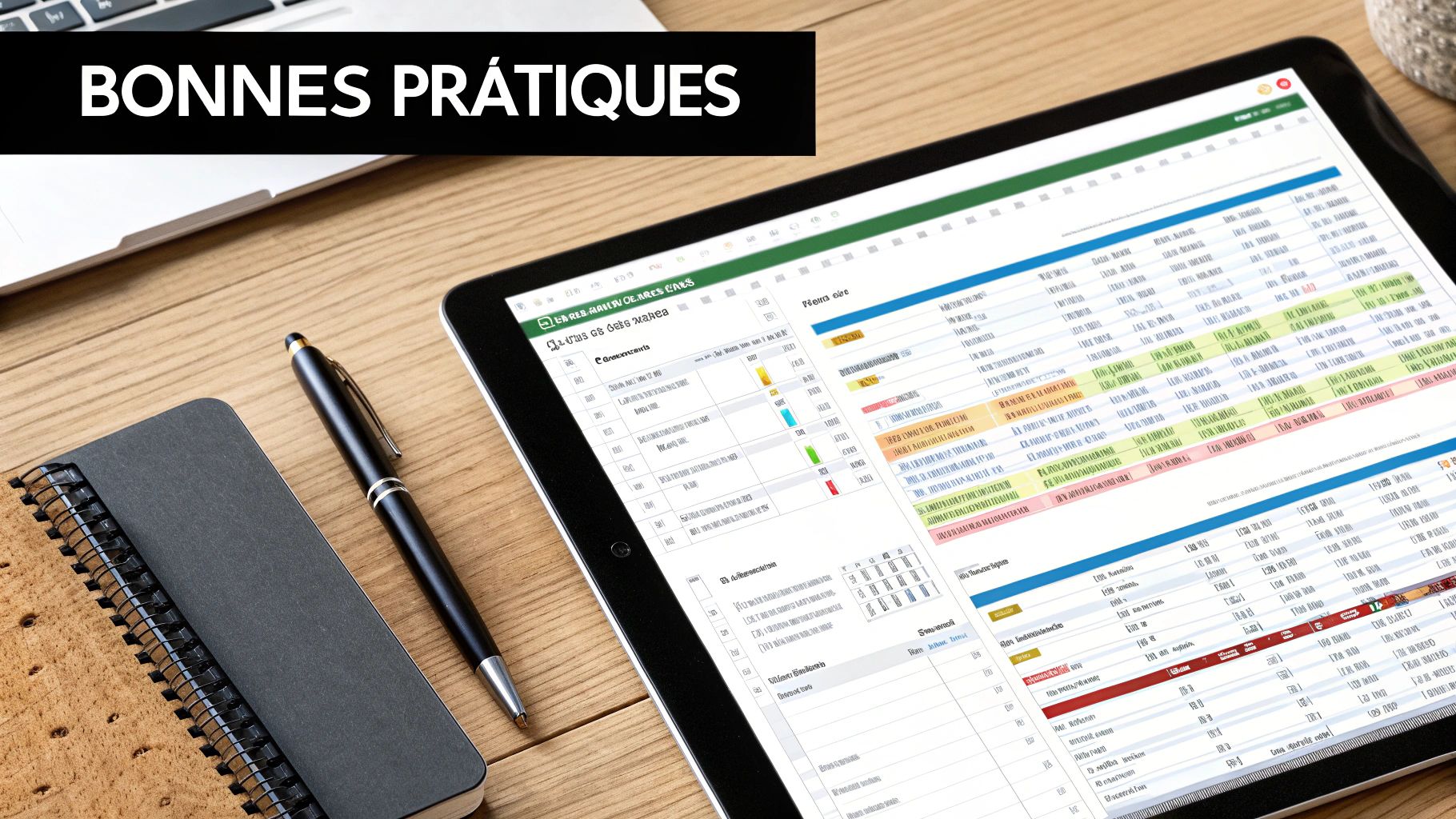 Image d'un bureau avec un tableau de bord Excel sur tablette, un ordinateur portable et des fournitures de bureau. Titre : « BONNES PRATIQUES ».