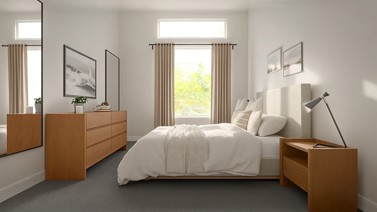 Modern bedroom with a light upholstered bed, wood dresser, nightstand, and window with beige curtains.