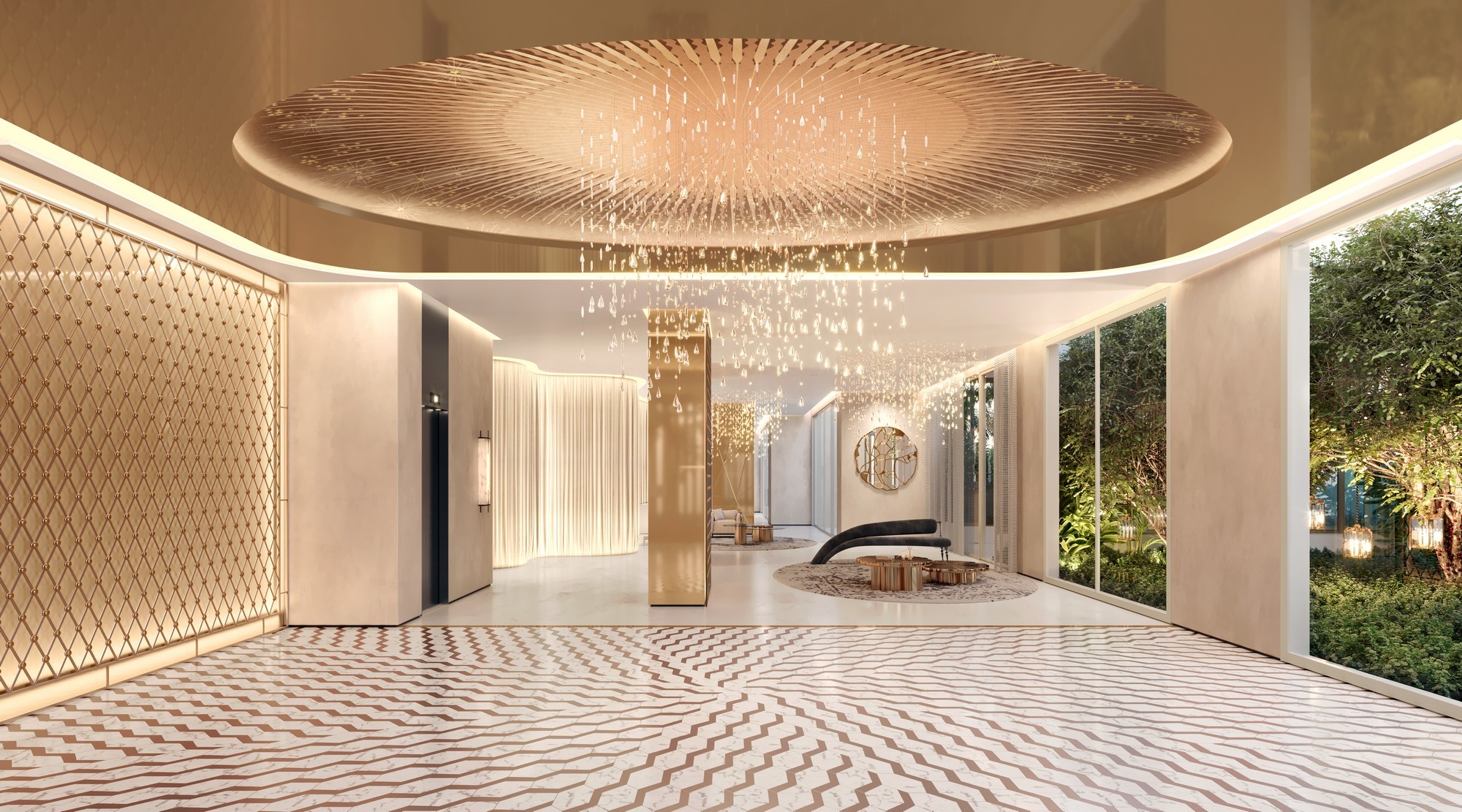 Curved modern skyscraper against a clear blue sky.