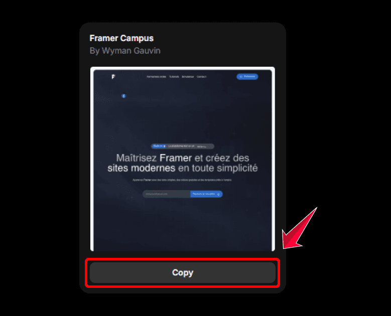 Écran de copie d’un projet Framer via un remix link sur un autre compte