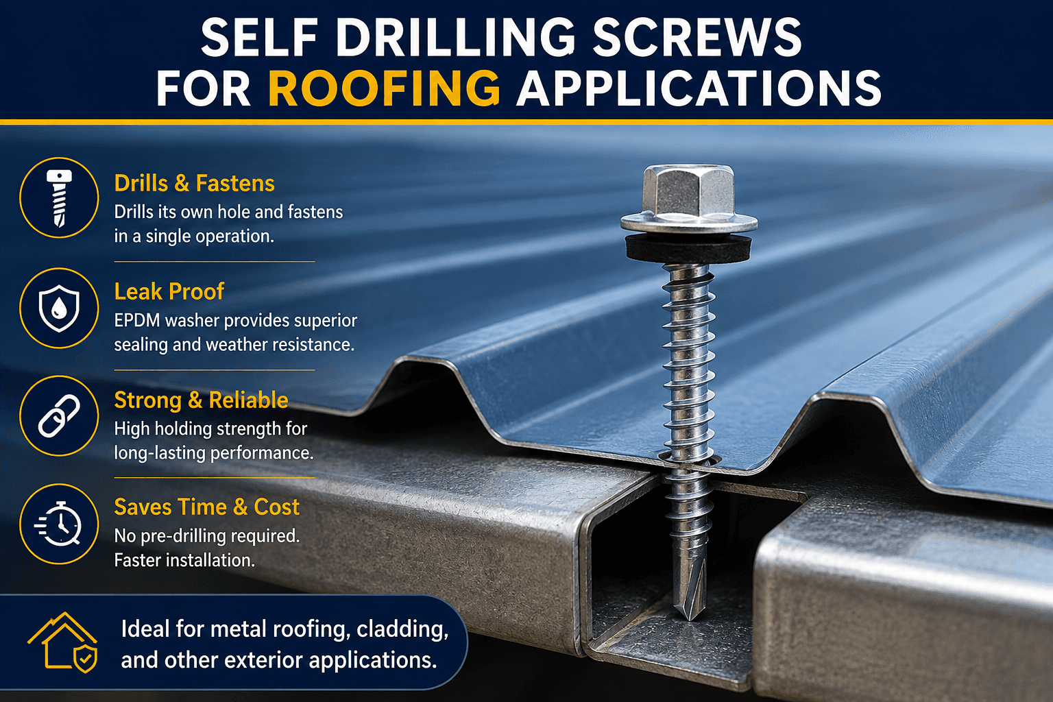 Hex washer head self drilling screw fastening metal roofing sheet to steel frame