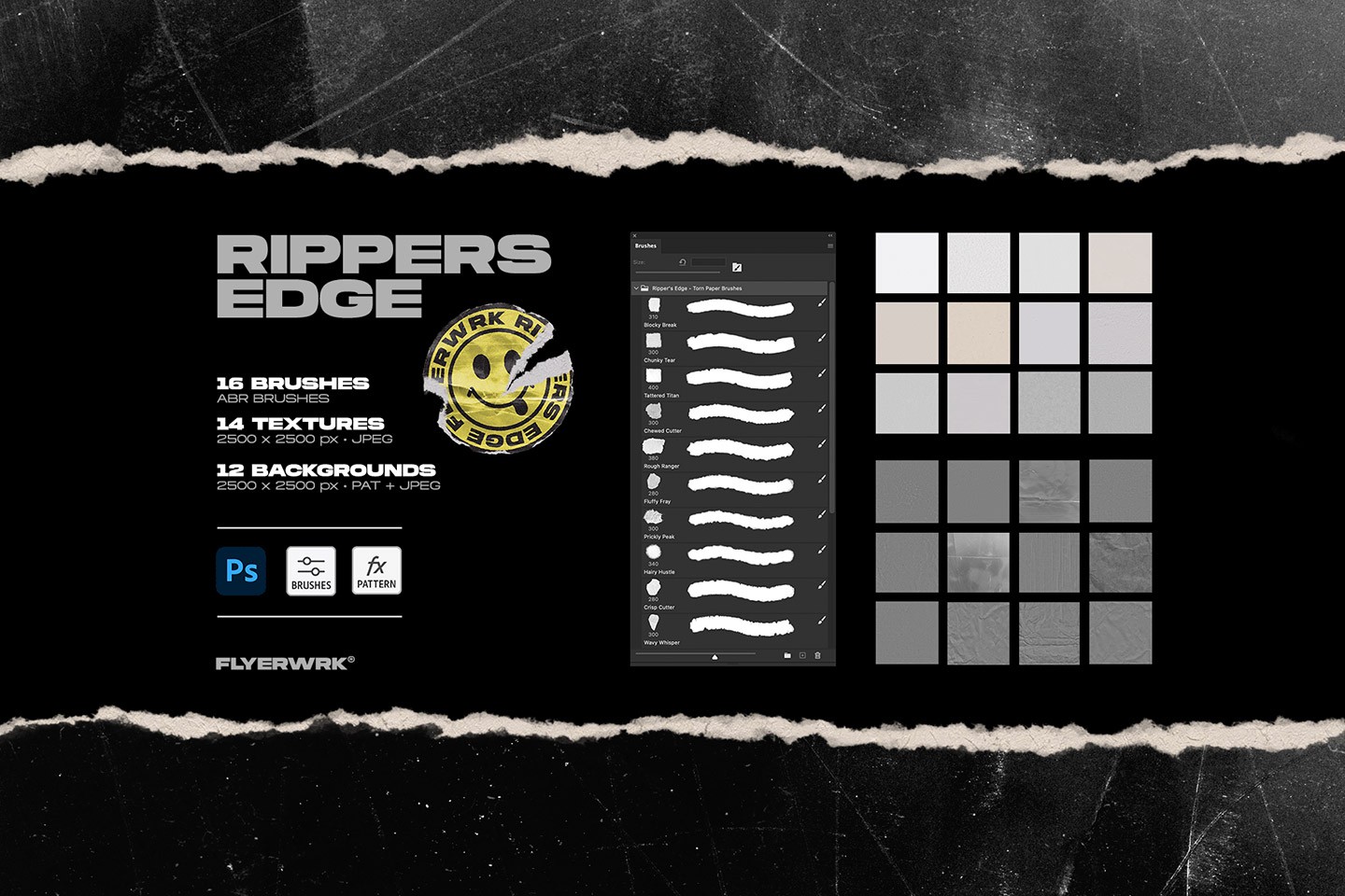 Overview of Rippers Edge torn paper brushes including brushes patterns and textures for high quality design