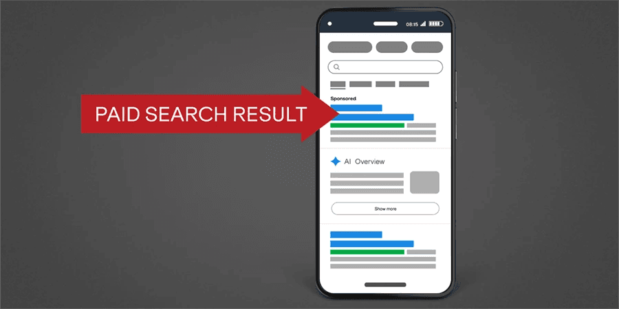 An arrow labeled "paid search result" pointing to an ad on a mobile's SERP.