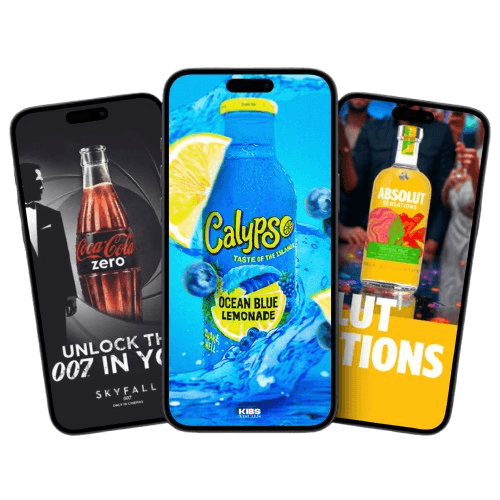 Three smartphone screens side by side, each displaying different beverage advertisements. The first shows a Coca-Cola Zero bottle with a '007 Skyfall' theme. The middle screen features a bright blue Calypso Ocean Blue Lemonade bottle with splashes of water and lemon slices. The third screen advertises Absolut vodka with vibrant colors and party visuals in the background. The phones have a sleek design with narrow bezels, and the ads are bold and eye-catching.