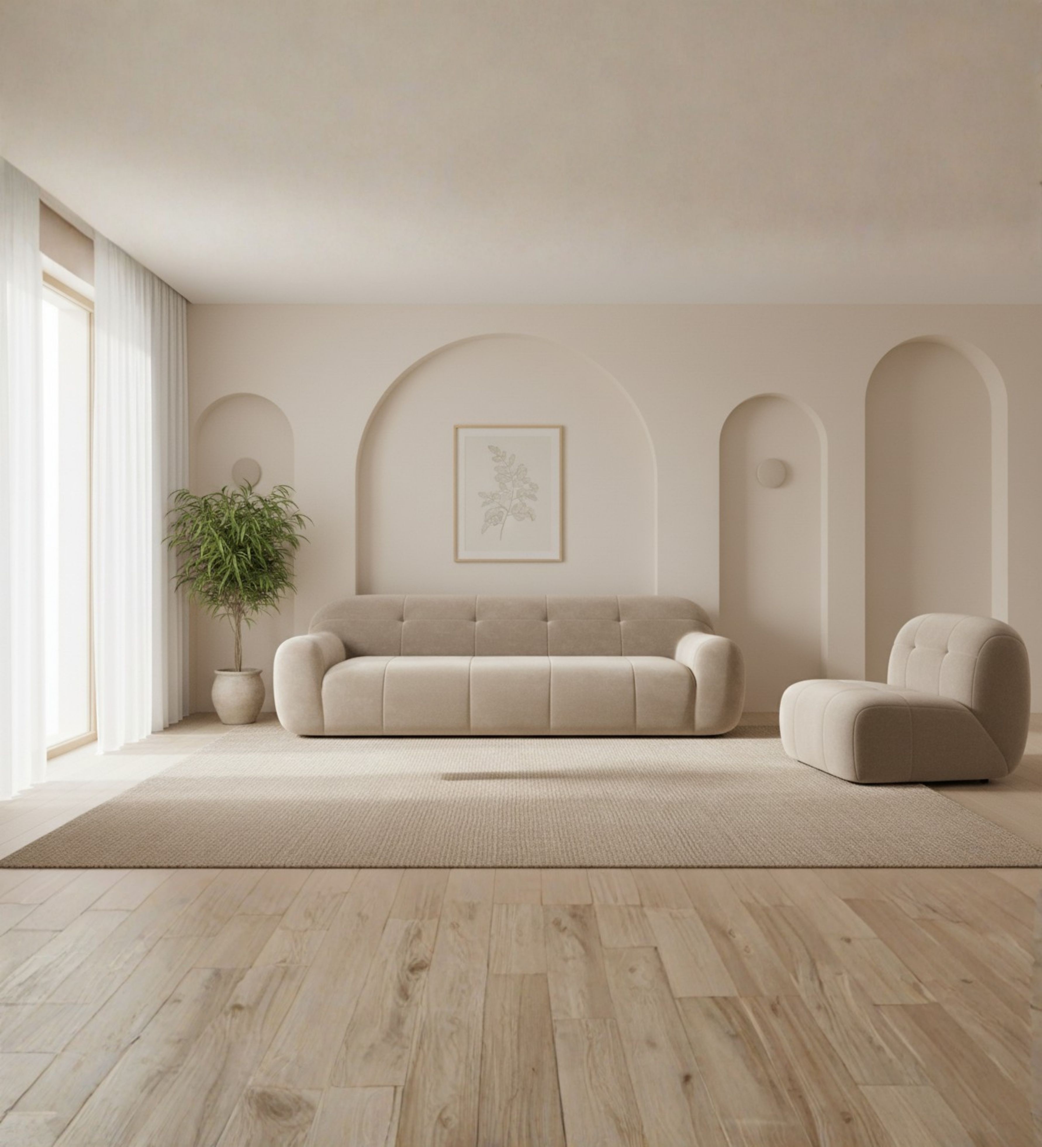 Three‑seater cream upholstered sofa with channel‑tufted cushions and matching armless chair