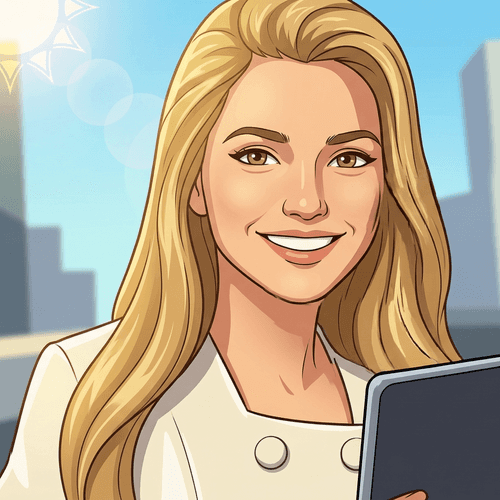 Illustrated headshot of Liz Hargreaves with long blonde hair in a white blazer, holding a tablet, with a city background.