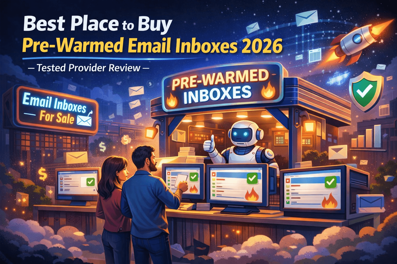 showing a glowing digital marketplace for pre-warmed email inboxes in 2026, featuring a friendly robot vendor, floating email icons, checkmarks