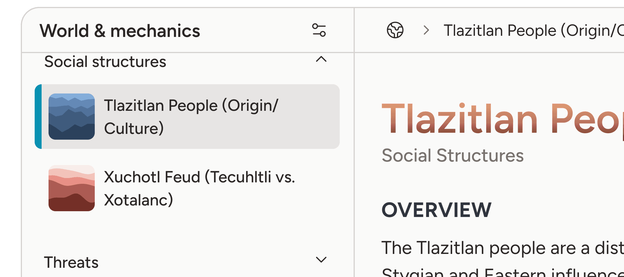 Screenshot of an automatically created world and mechanics page in Mythril