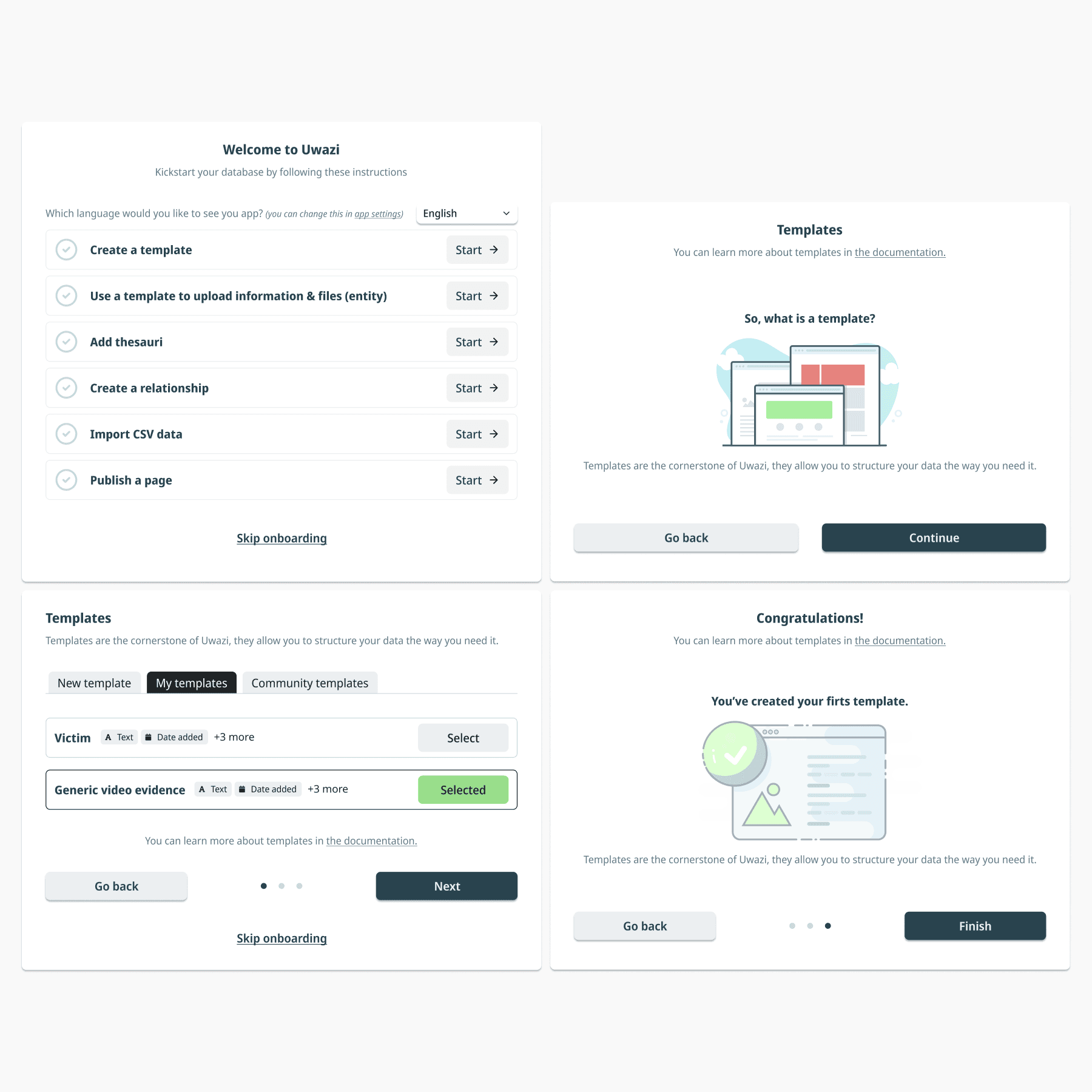 Early Uwazi onboarding concept with community templates