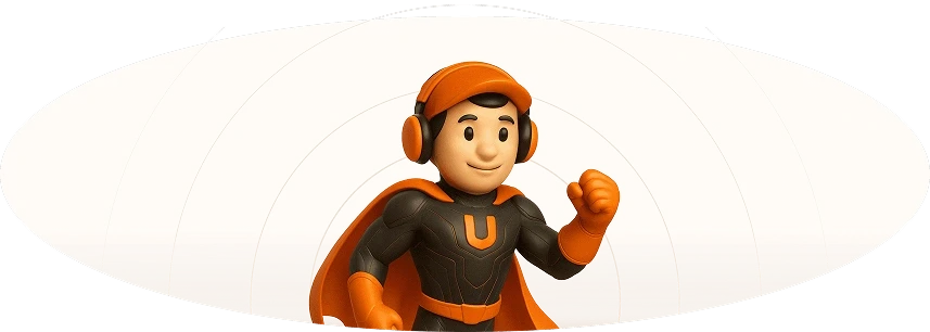 3D superhero mascot with headphones and orange cape