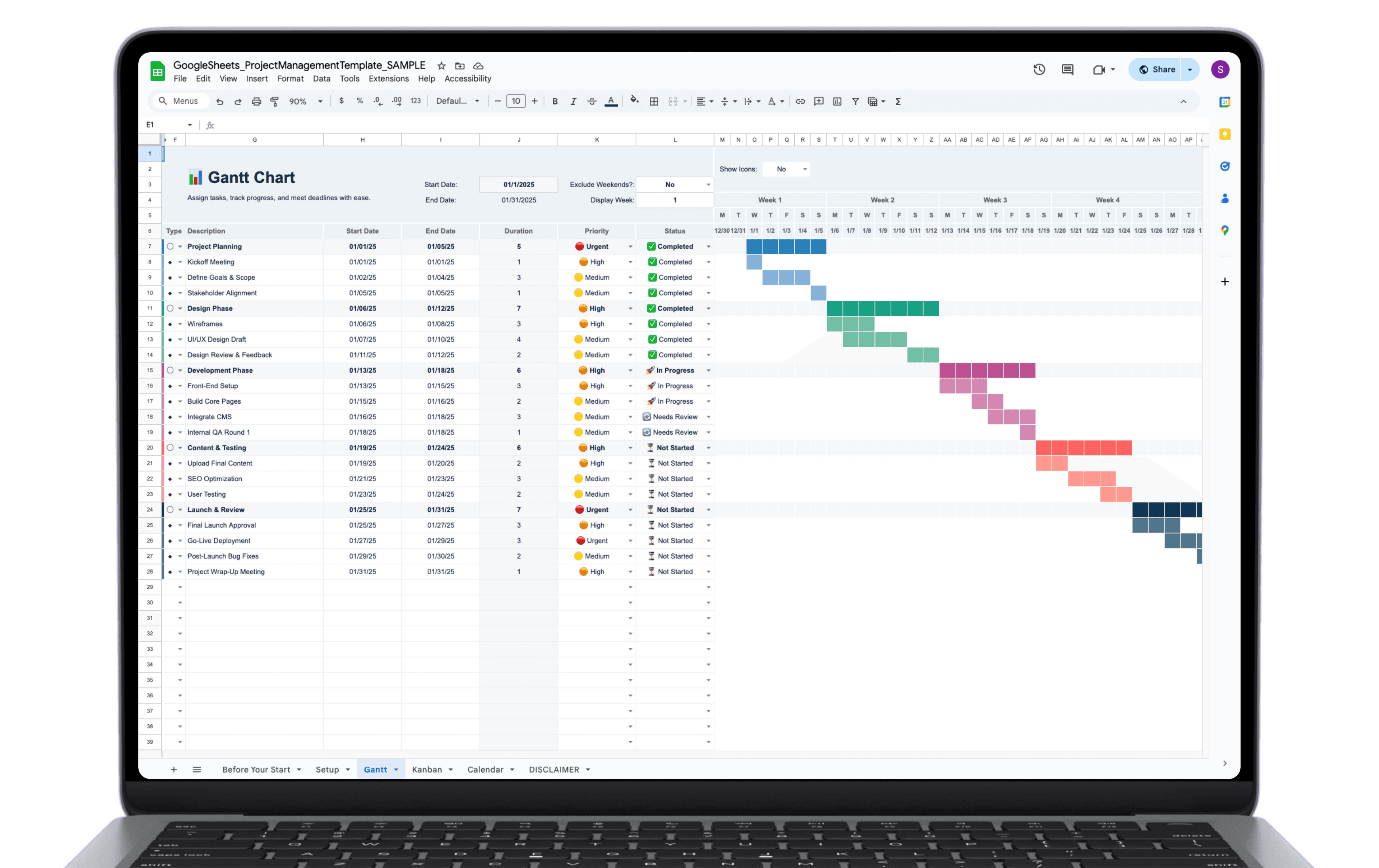 Google Sheets Gantt chart project management template on MacBook – color-coded timeline with tasks, priorities, and status tracking