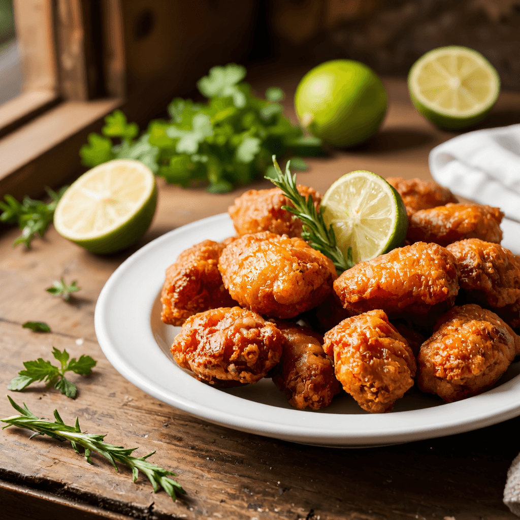 product photography of a plate of fried chicken pieces