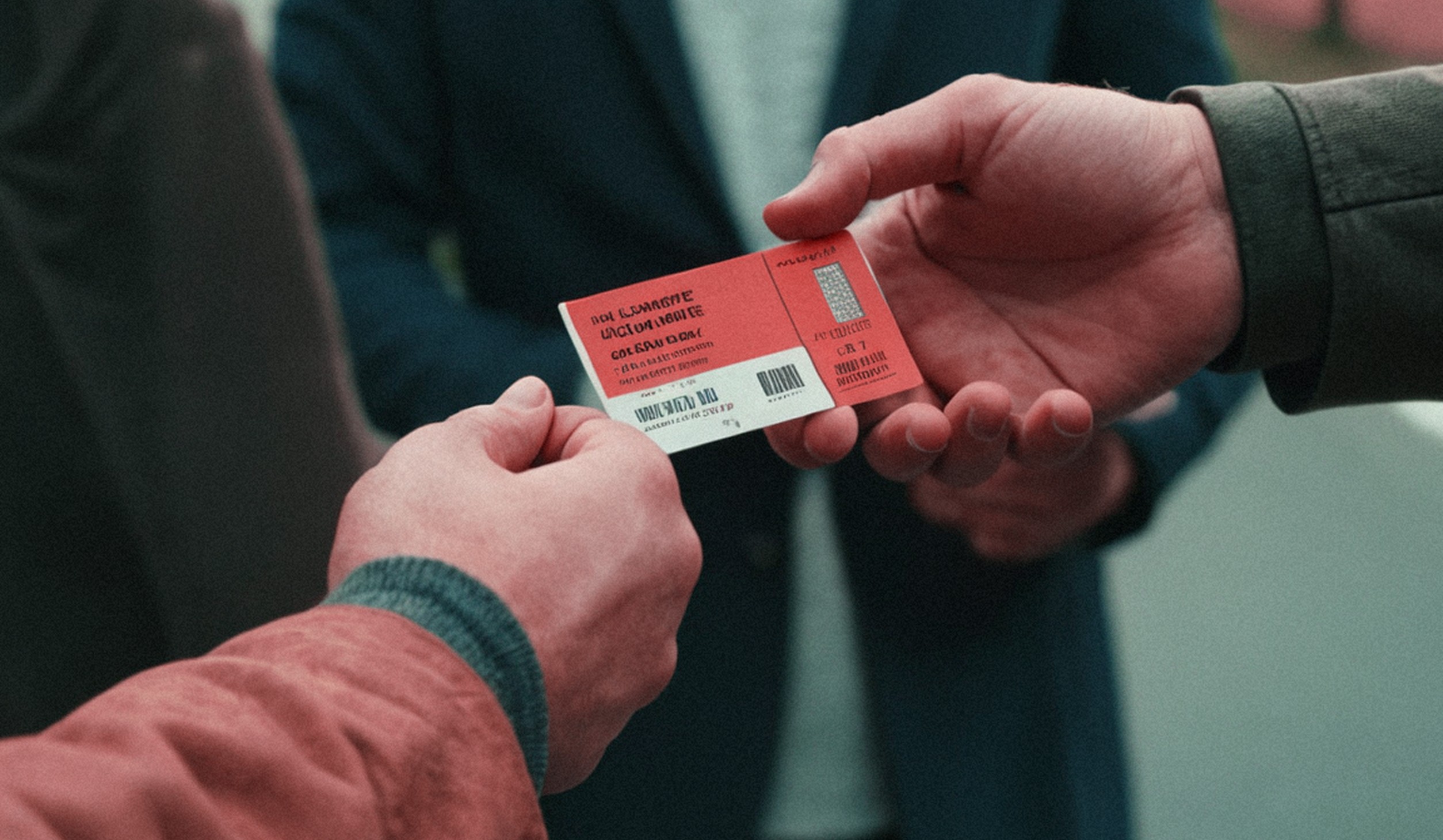 Photo of someone passing a concert ticket to someone else
