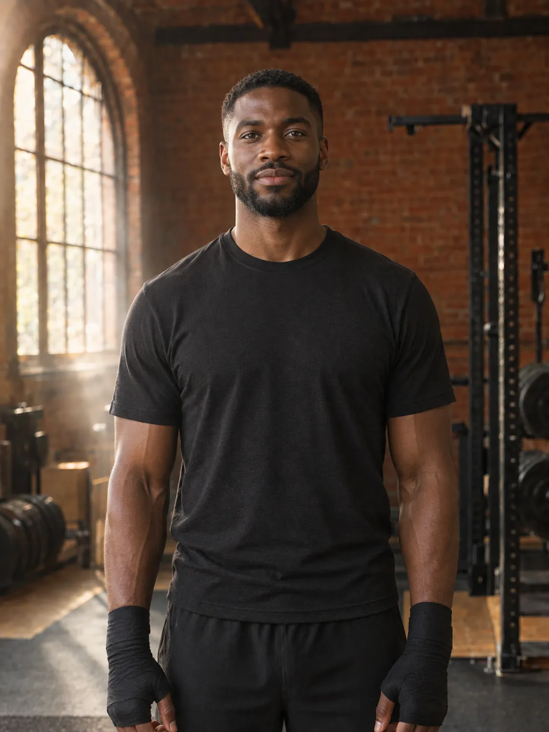 Kofi Mensah, boxing coach, beside a heavy bag