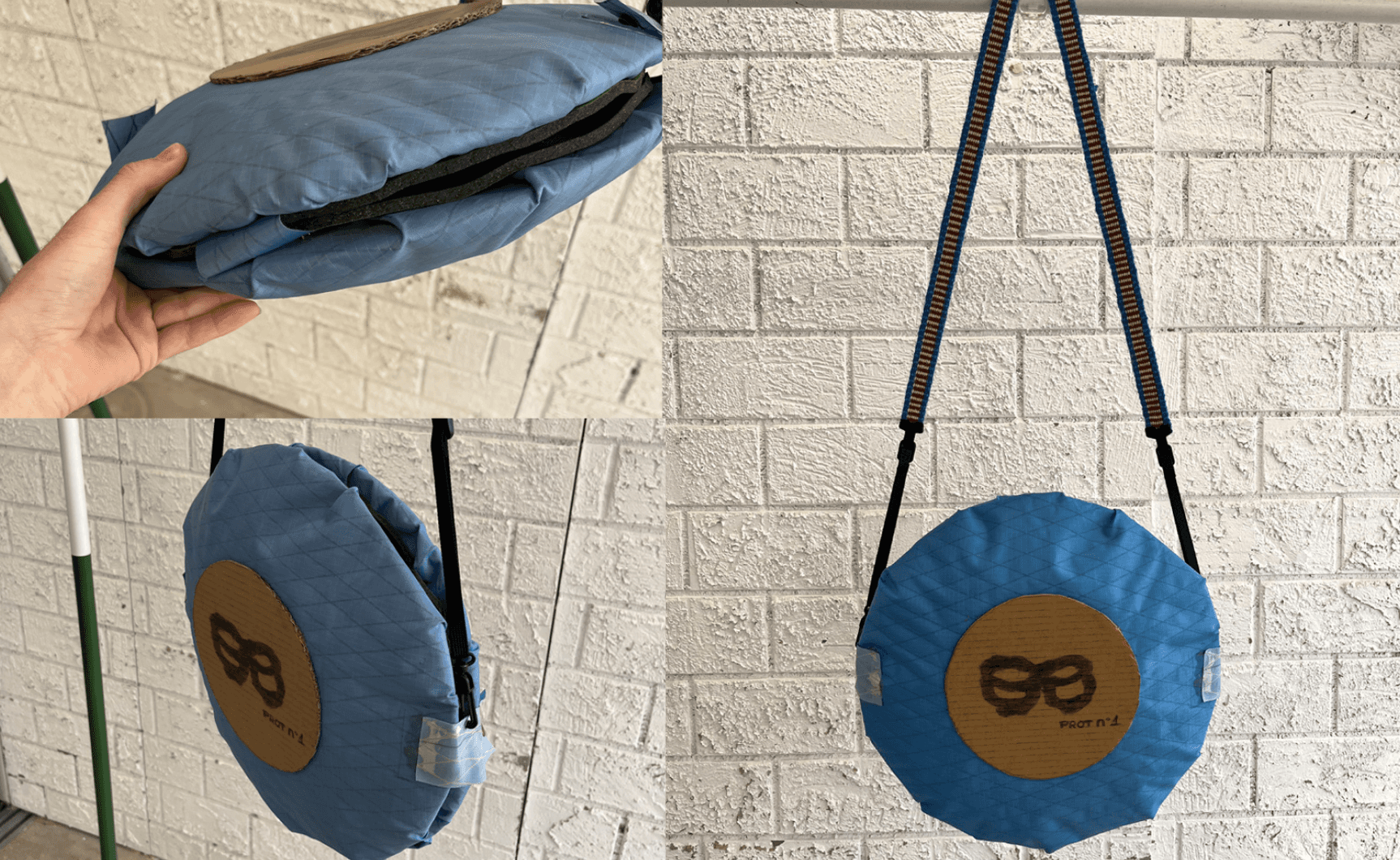 Photos of the Shardaa circular bag prototype, showcasing its blue technical fabric, foam padding, and the custom logo patch.