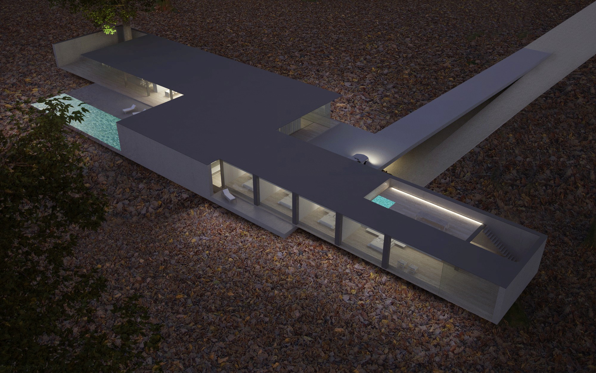 Rox House geometric plan: Aerial view at night showing the fractured and related orthogonal volumes, embodying the "rock and box" concept.