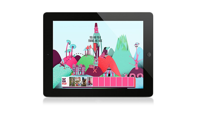 A tablet on which there is a website showing an image of colored personified animals.