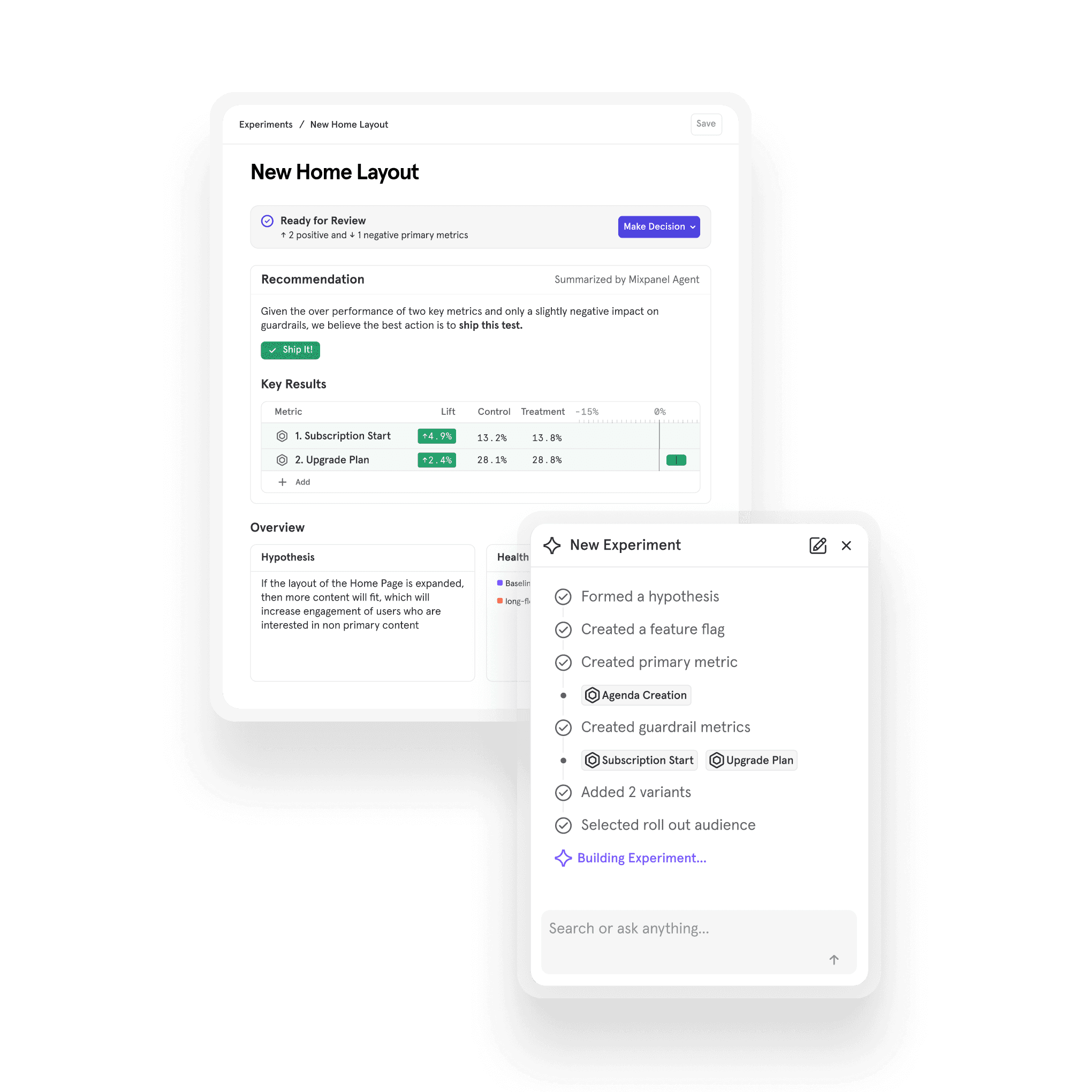 Mixpanel Dashboard Agent generating exec-ready product analytics charts from a natural language prompt, with multi-chart boards built from verified event tracking data and an assessment of opportunity areas.