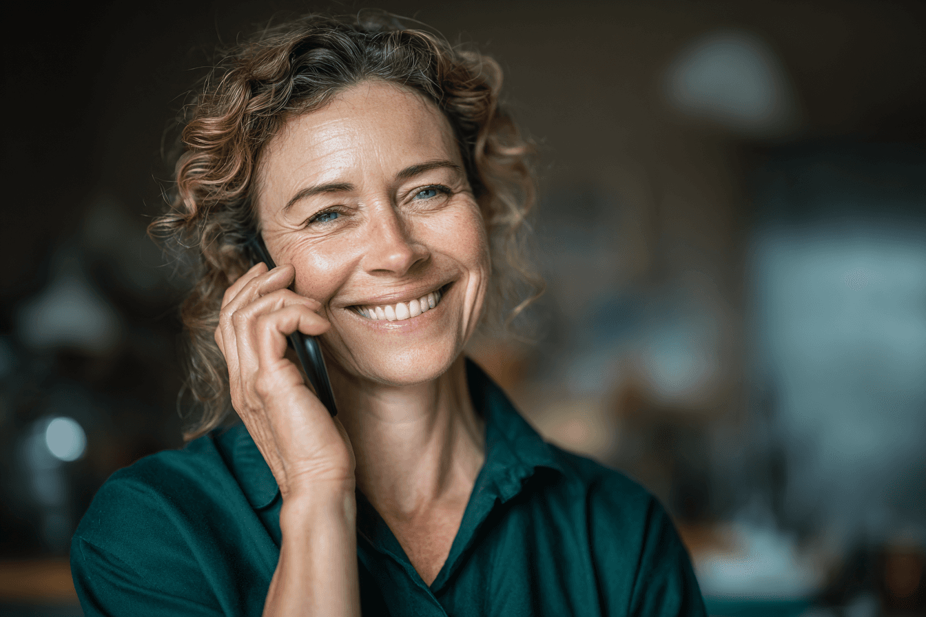 a home care agency operator (female, 50s) in her home care agency. The home care agency operator is talking on her cell phone and smiling. The agency owner is wearing a dark green shirt