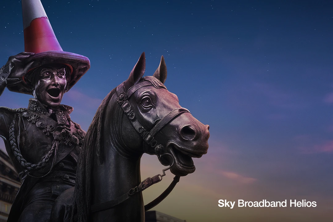 Sky Broadband Helios campaign with Glasgow equestrian statue and traffic cone