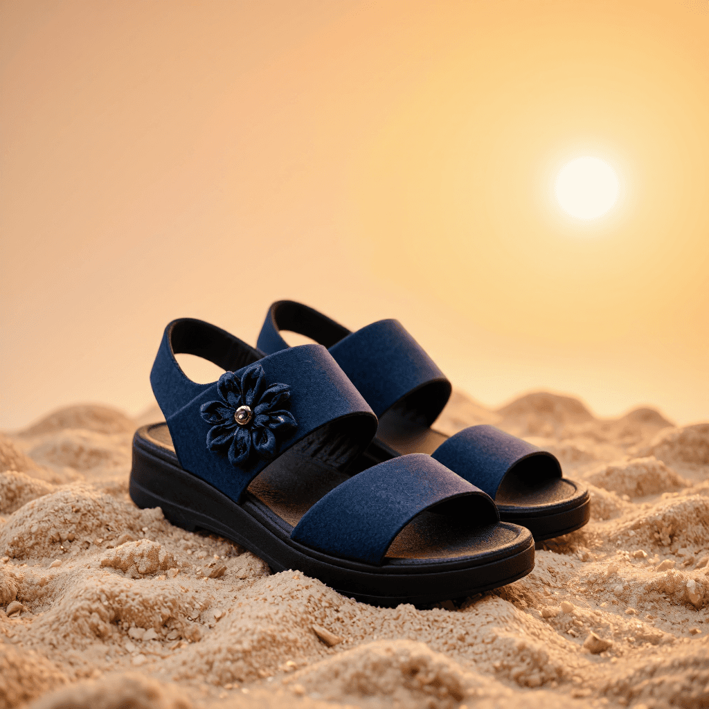 product photography of a pair of casual sandals with decorative flowers