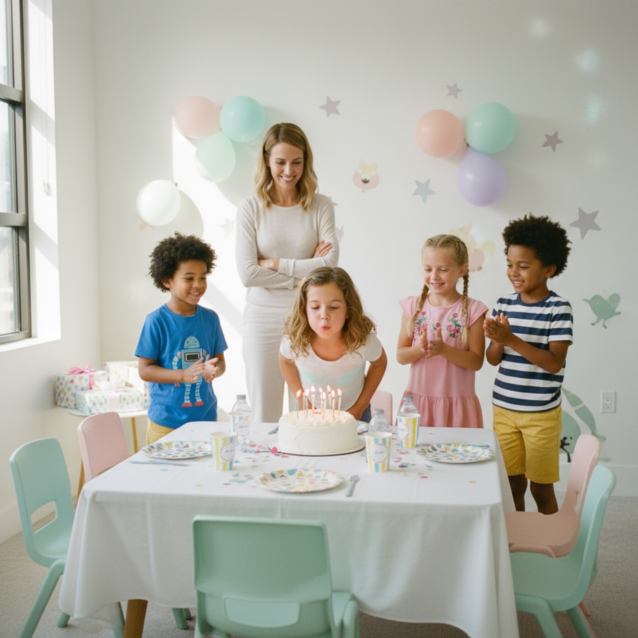 Ein gedeckter Partytisch mit bunten Tellern, kleinen Wasserflaschen und einem schlichten Kuchen wartet auf die Kinder. Luftballons hängen locker an der Wand, daneben steht ein sauberer, heller Partyraum. Ein Geburtstagskind pustet die Kerzen aus, zwei Freunde klatschen, ein Elternteil hält dezent Abstand.