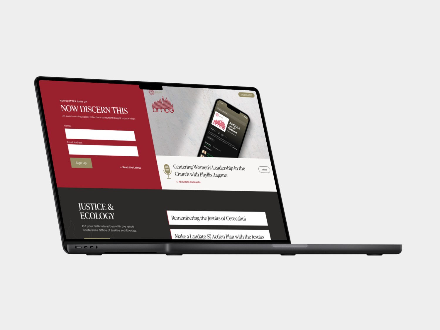 A laptop displaying a modern website interface with a red and black color scheme.