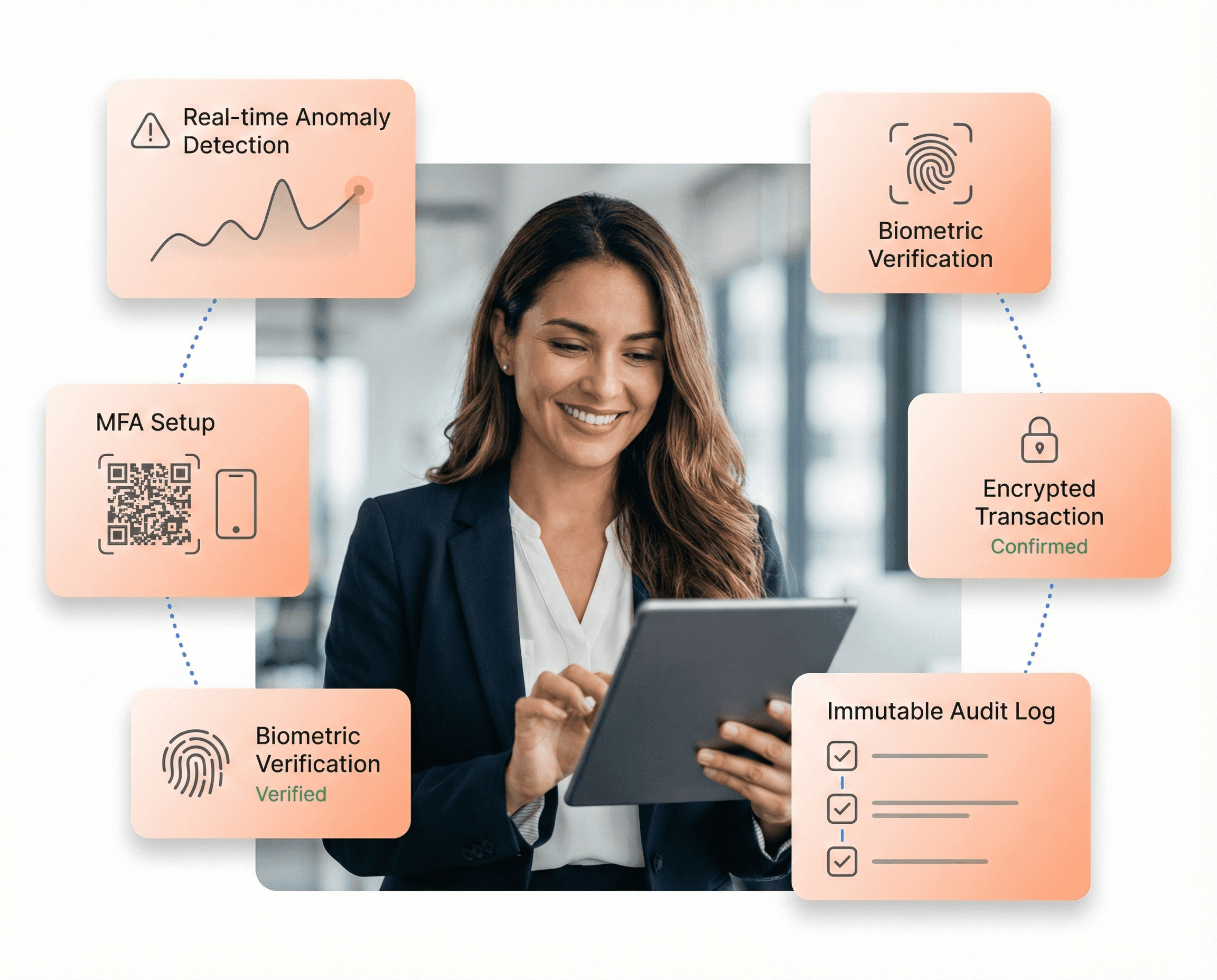 Enterprise security interface featuring multi-factor authentication, encrypted transactions, anomaly detection alerts, and audit log tracking.