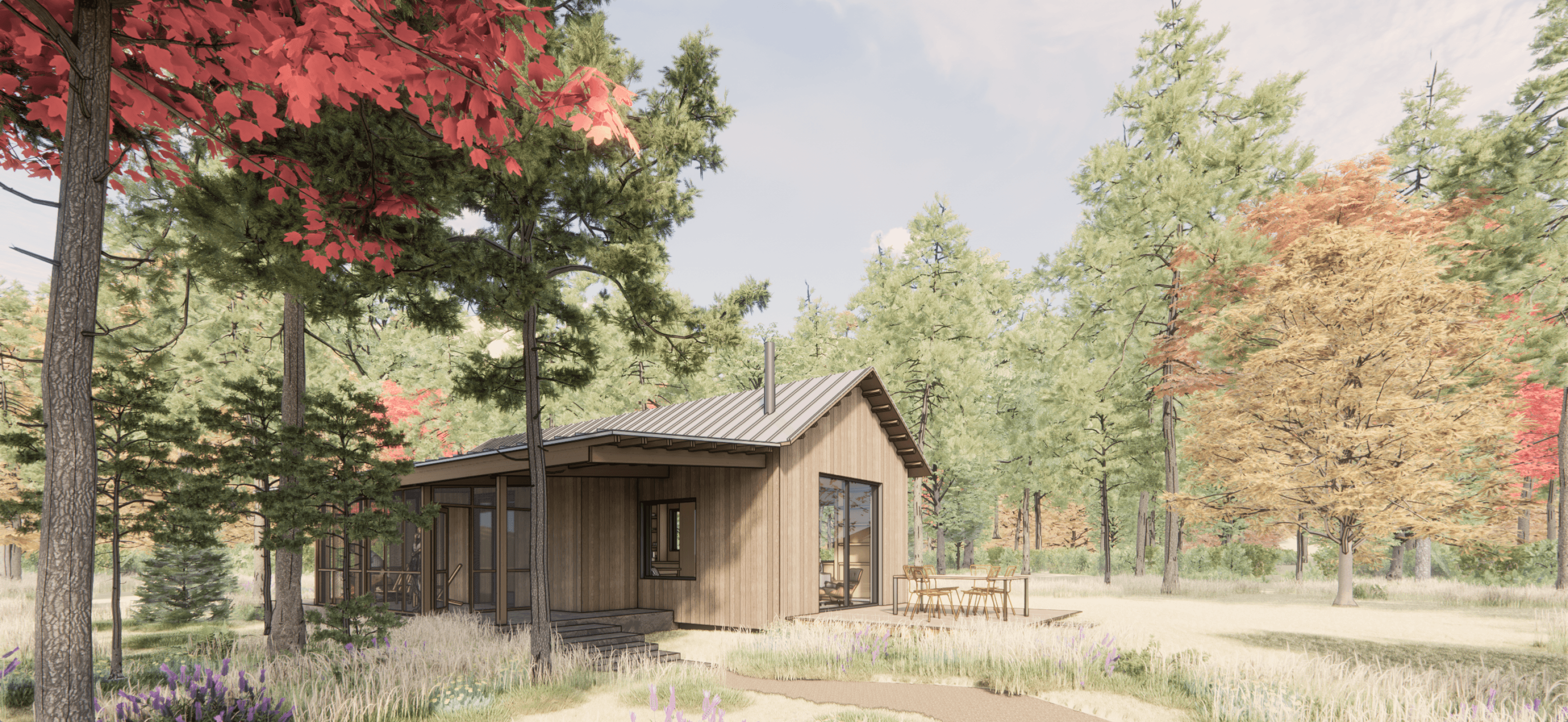 TMBR-designed single-family home with a timber exterior, nestled among trees, showcasing sustainable and modular construction.