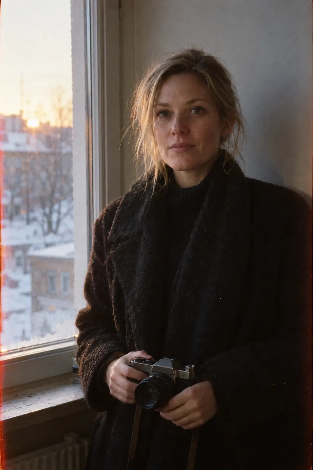 Edda Lindqvist by a winter window at sunset, snowy rooftops behind her, in a dark wool coat, holding a film camera at her waist