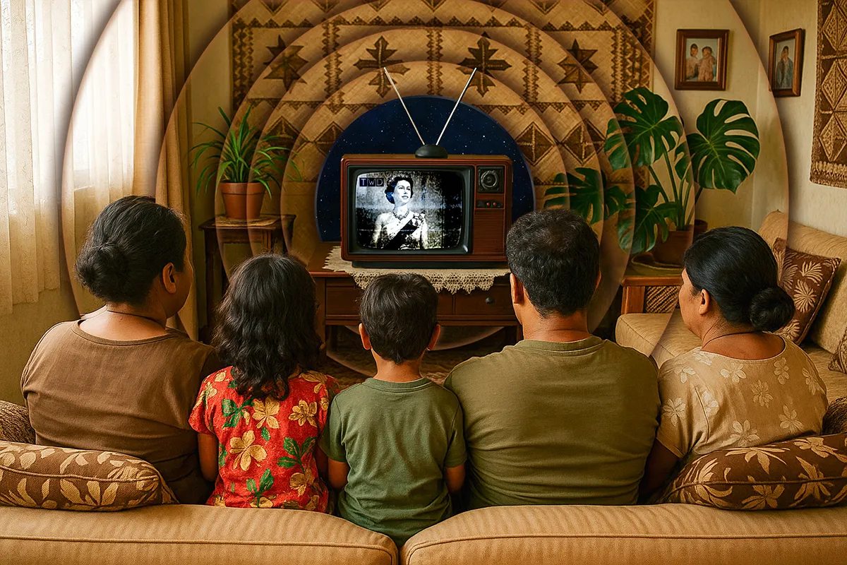 Tell Lie Vision Tonga poster: AI scene composited onto vintage TV set with concentric circle overlay, Photoshop process