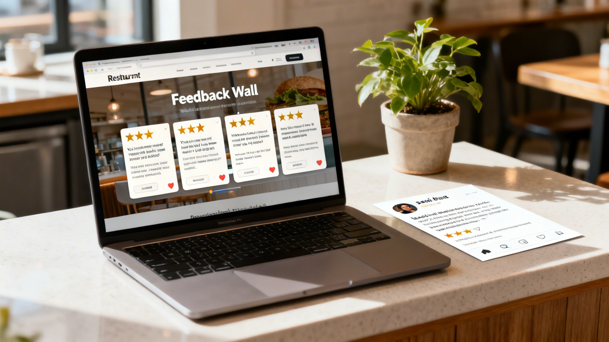 A laptop displays a restaurant's feedback wall with customer reviews and star ratings, alongside a printed review.