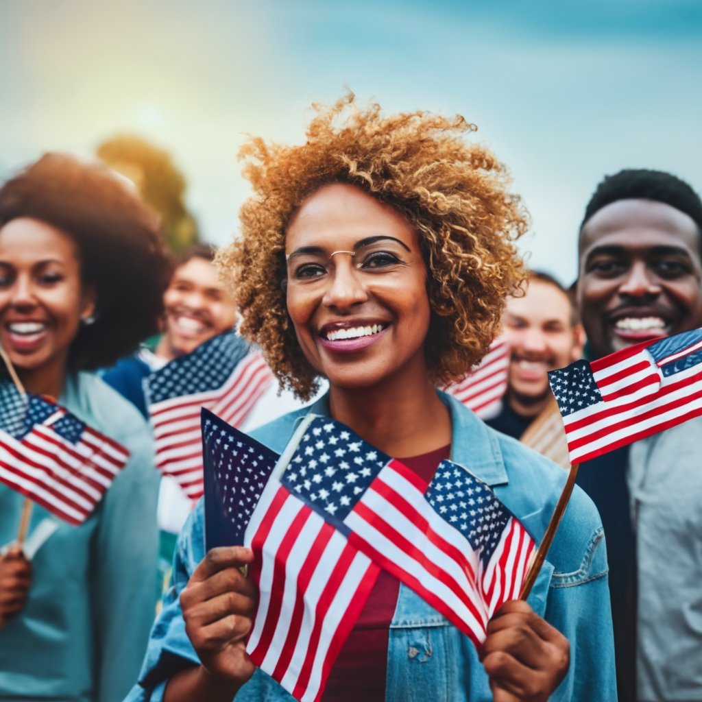 Diverse group of new U.S. citizens holding American flags, representing the culmination of the naturalization process.
