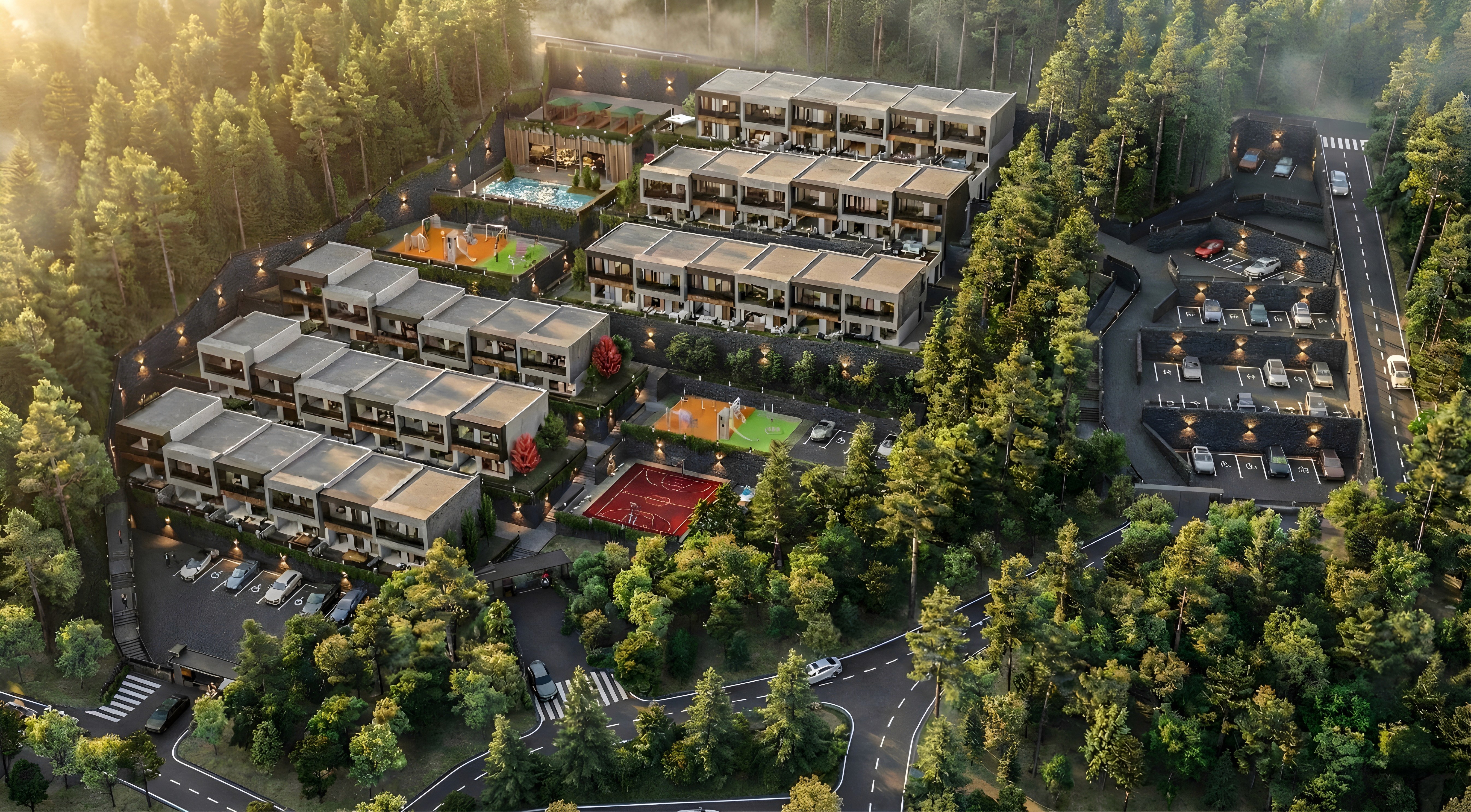 Modular wooden housing complex by the harbor, light snow falling, frozen water reflections.