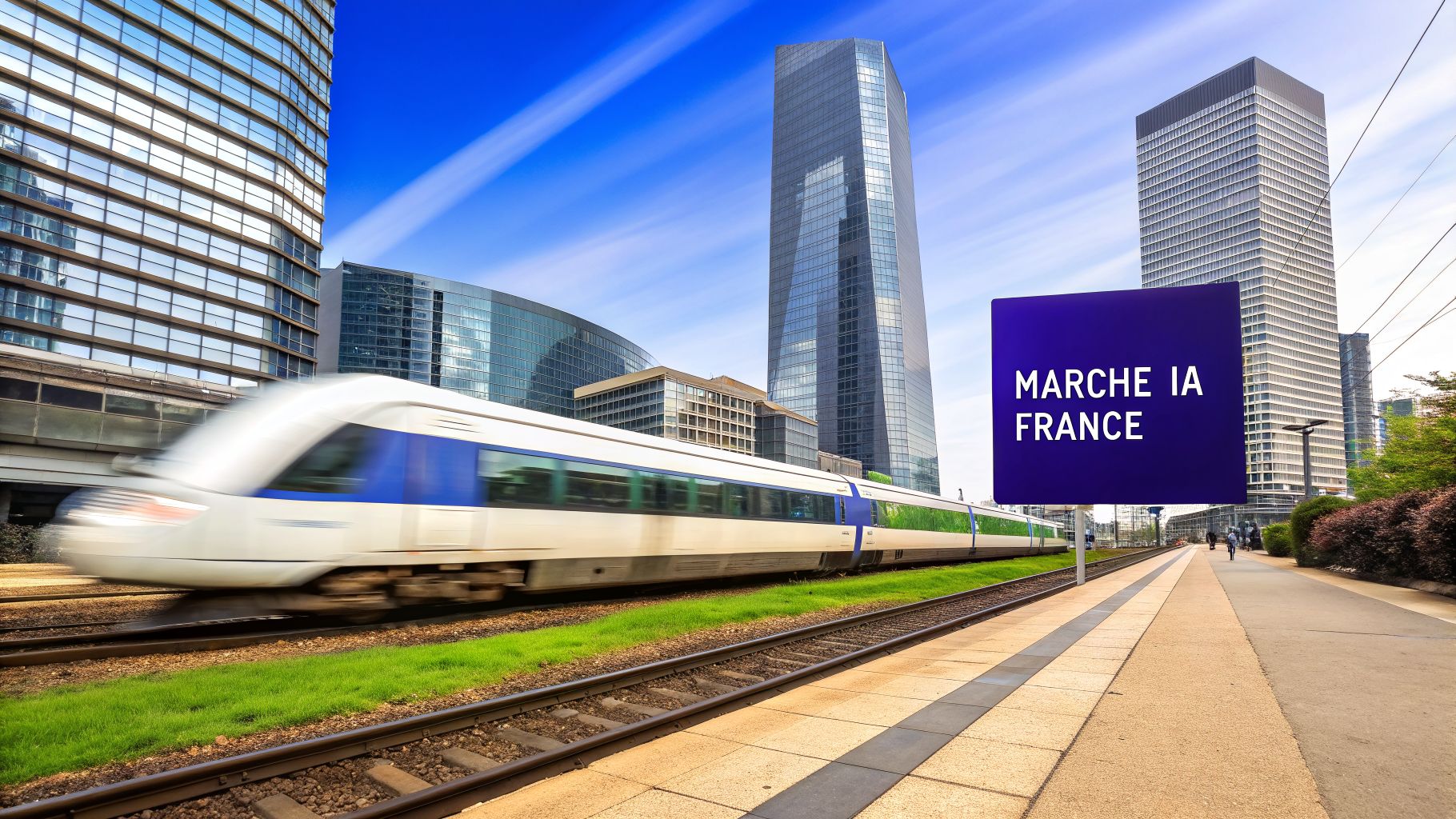 Un train rapide passe devant des gratte-ciel modernes avec un panneau « MARCHE IA FRANCE » visible sur le quai.