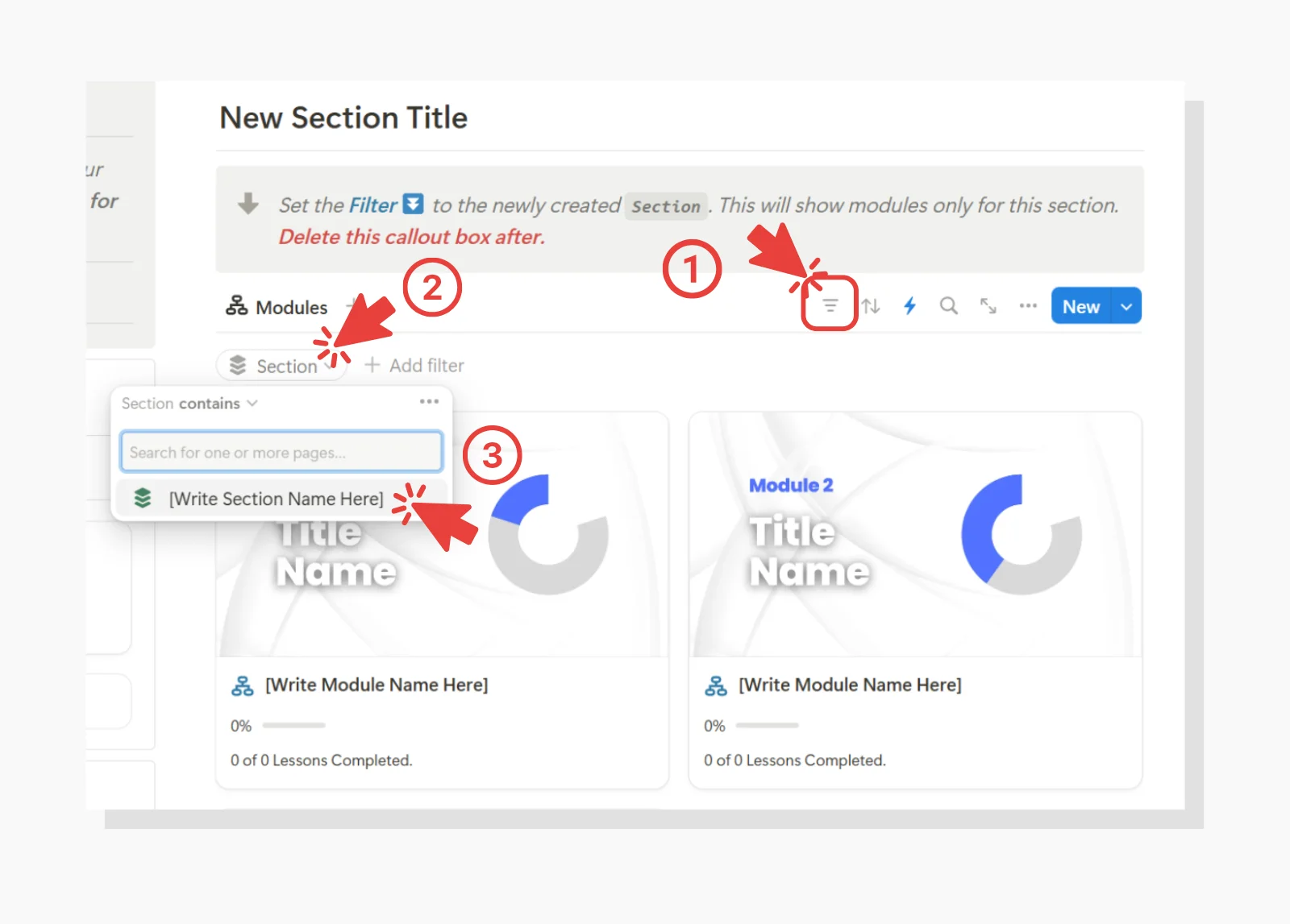 adjust section filter demonstration Course Creator Notion Template