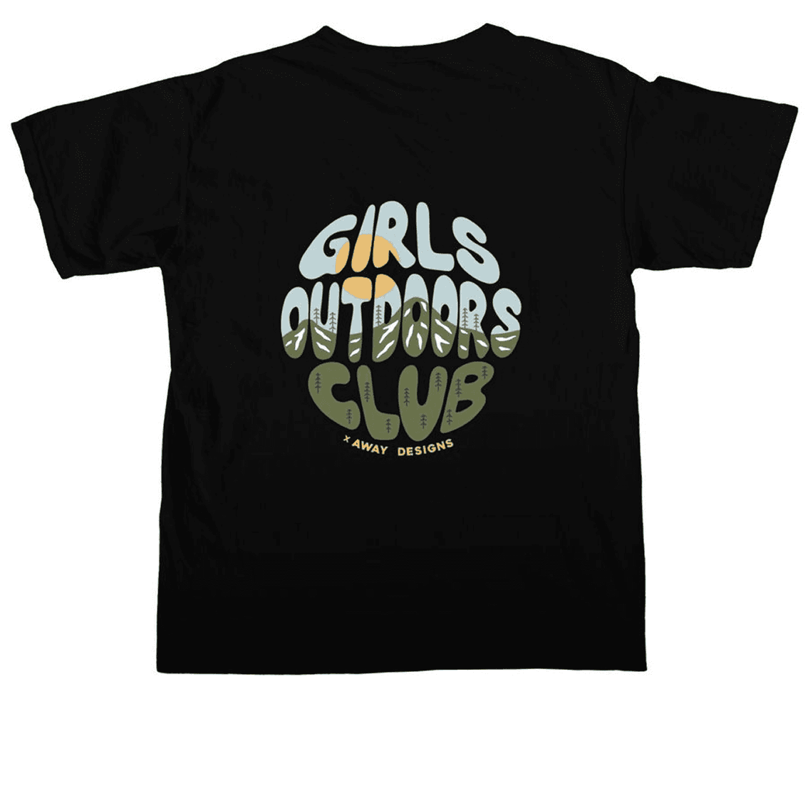 Back view of a black t-shirt with a circular design that says "Girls Outdoors Club" in a retro font.
