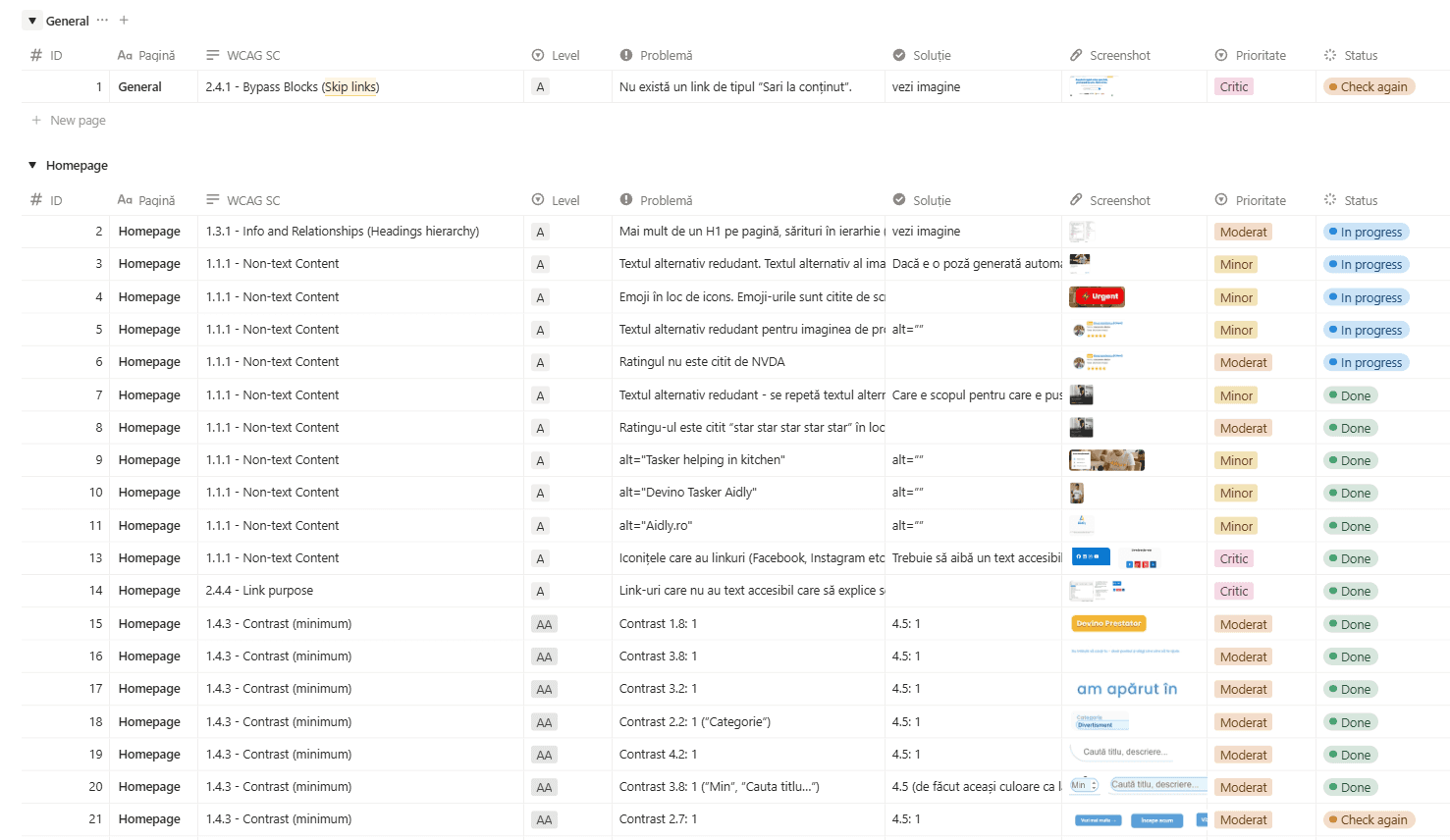 Notion table documenting accessibility issues with columns for WCAG criteria, problem description, proposed solutions, priority levels, and implementation status
