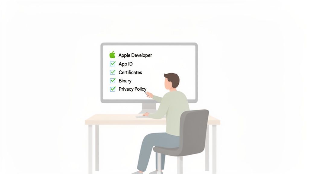 A person reviewing an Apple App Store submission checklist on a computer screen.