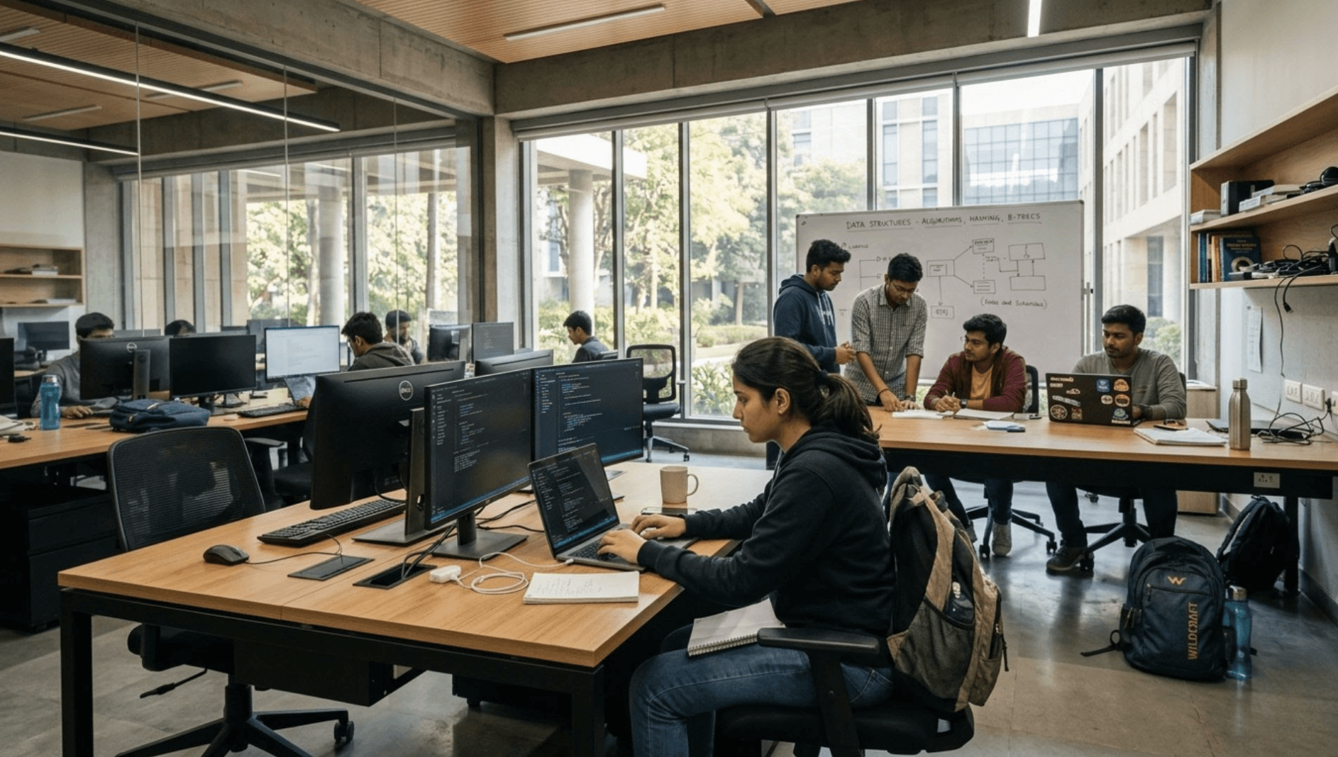 Students learning programming and data structures in a modern computer lab at one of the best private colleges in India for computer science