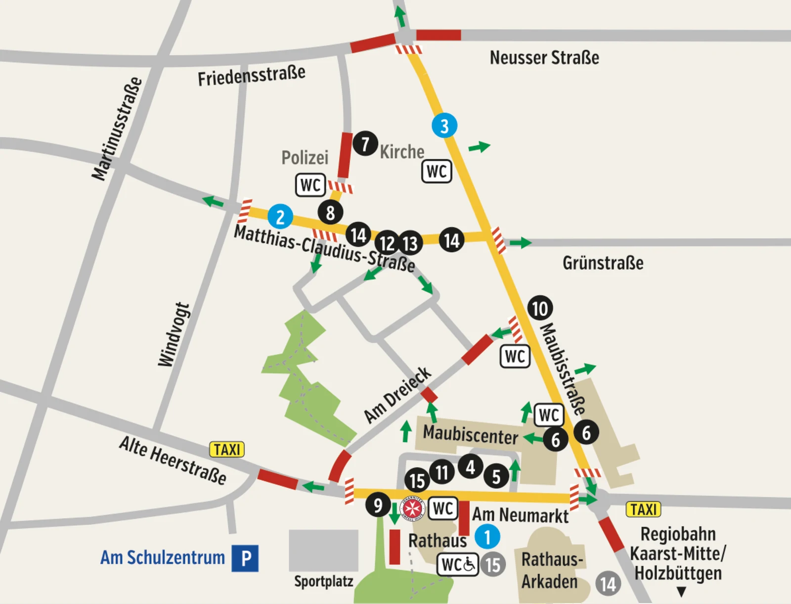 Übersichtsplan Kaarst Total 2026: Bühnen, Aktionen, Sperrungen und Rettungswege in der Kaarster Stadtmitte.