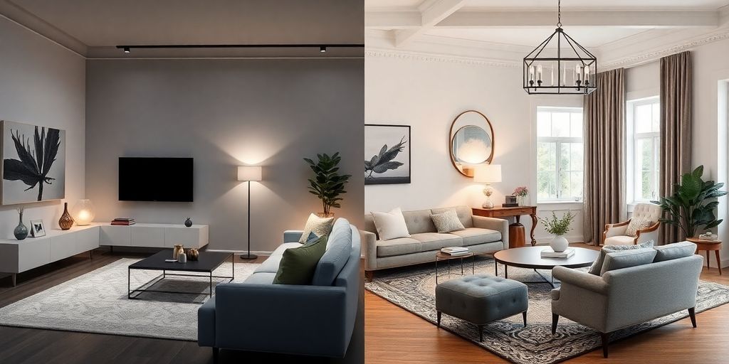 Modern AI staging versus traditional home staging setup.