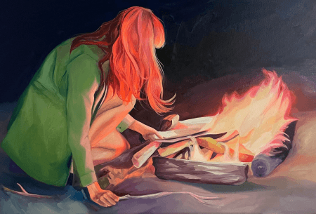 painting of a woman stoking a bonfire