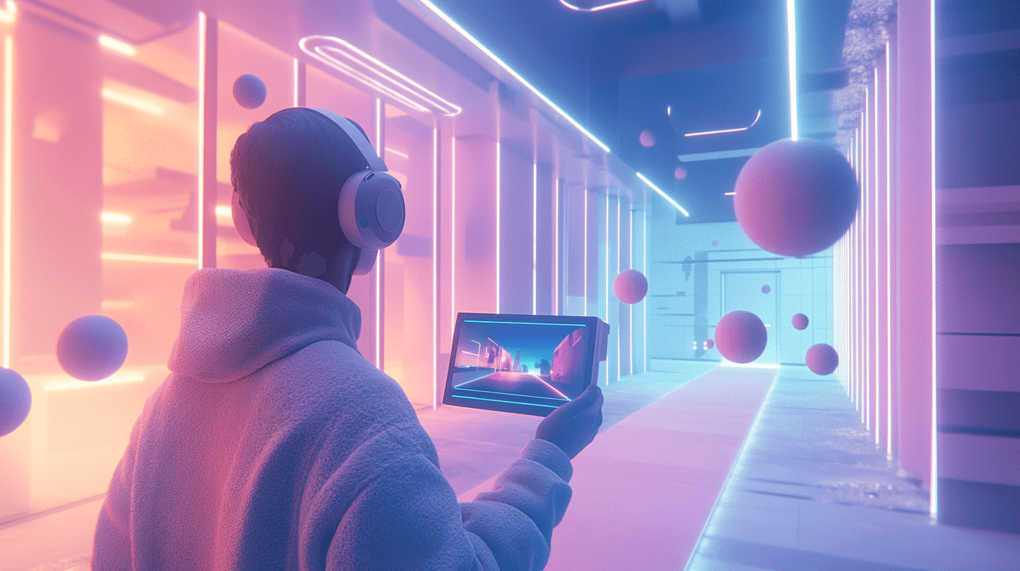 This image depicts a person interacting with a tablet in a futuristic, neon-lit environment, symbolizing the innovative applications of AR marketing. The tablet screen displays glowing digital data, while colorful 3D objects float around it, highlighting how Augmented Reality marketing transforms traditional advertising into immersive, interactive experiences. The dynamic visual elements demonstrate the creative potential of AR marketing apps, which allow brands to engage users with personalized, augmented content directly on their devices. The vibrant colors and futuristic setting emphasize the role of AR marketing developers in crafting visually captivating and interactive campaigns that captivate audiences. The floating 3D objects surrounding the tablet represent the integration of augmented reality with marketing strategies, offering users an engaging way to interact with products and services. This image showcases the potential of AR marketing to revolutionize advertising through immersive, tech-driven experiences that enhance brand engagement.