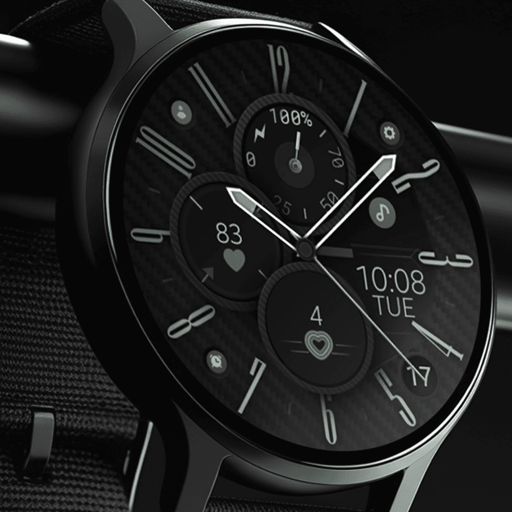 Modern Wear OS smartwatch displaying a hybrid watch face