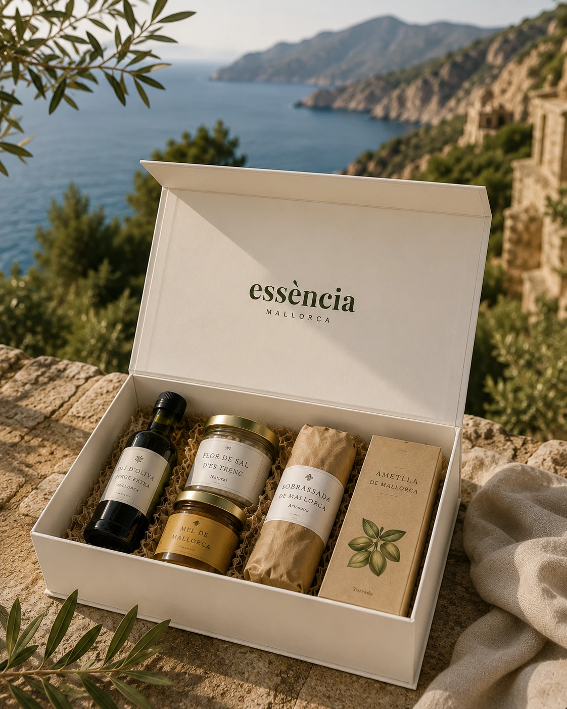 Luxury gift box on a terrace with Mediterranean sea view in Mallorca.