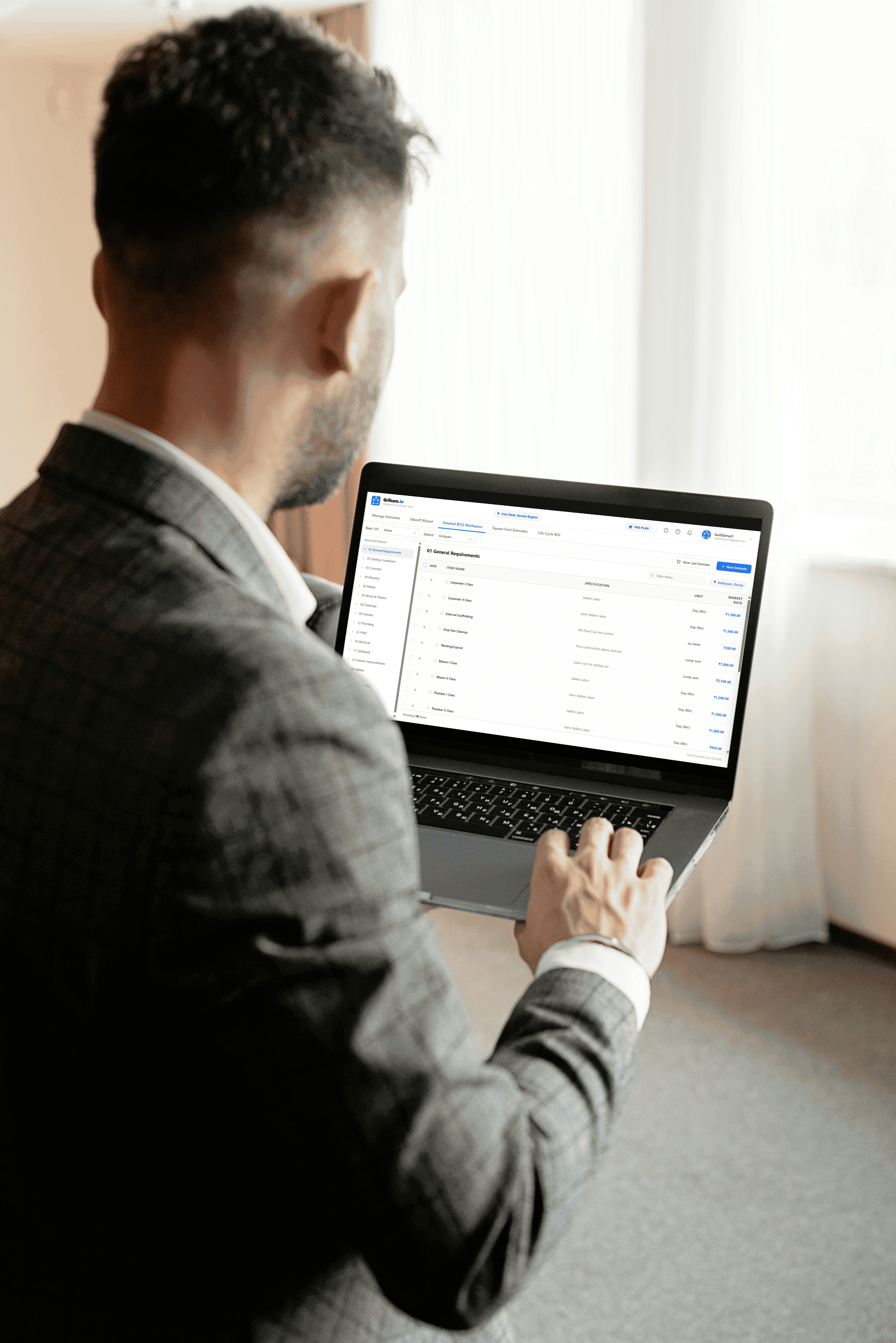 Griham construction takeoff wizard dashboard showing material quantities