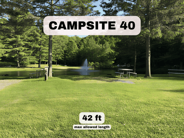 Campsite 40 at Pine Hollow Campground, a 42ft pondfront RV site with a picnic table and panoramic fountain view