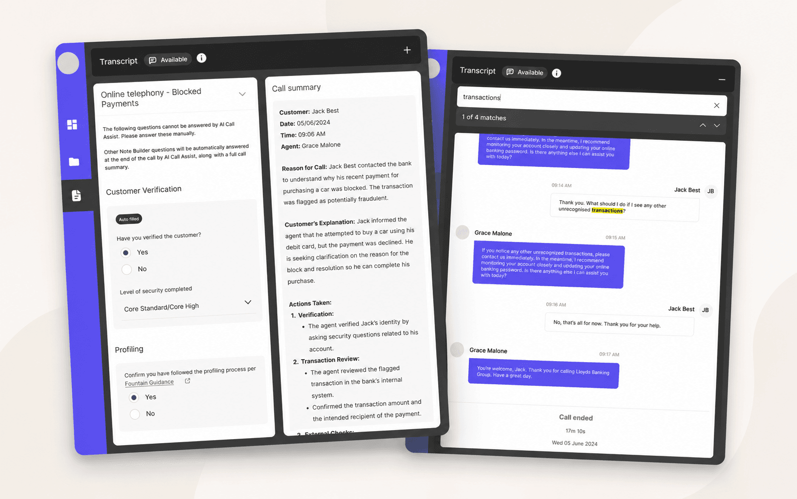 UI mockup of the AI call-assist tool showing fraud analyst dashboard with call summary and transcript panels