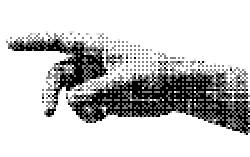 A black-and-white dotted image of a hand pointing with the index finger extended, set against a black background, conveying direction or choice.